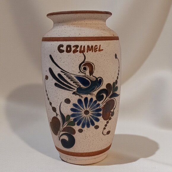 SIGNED Gardiel Vintage Mexico Cozumel Stoneware Bird Butterfly Vase - Picture 1 of 14